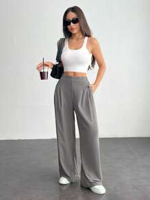 SHEIN PETITE Quần dài cơ bản đơn giản hàng ngày màu trơn dành cho nữ - Xám - Xem 3