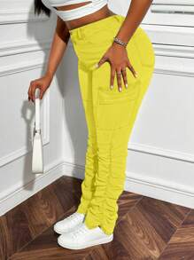 Slaydiva Celana Jeans Kasual Stretch Wanita Ukuran Plus dengan Kantong Kargo dan Elemen Desain - Kuning - View 5
