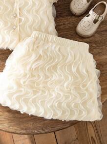 SHEIN Elladie kids طقم تنورة وبلوزة مزخرفة بالأزهار على أكمام قصيرة على الطراز الكوري الأنيق، 2 قطعة مجموعة، جميلة وحلوة للصيف - لون مشمشي - مشاهدة 3