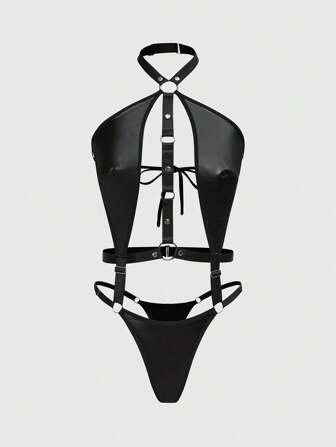 Grunge Punk Combinaison sexy en PU à col bénitier pour femmes, style punk sombre