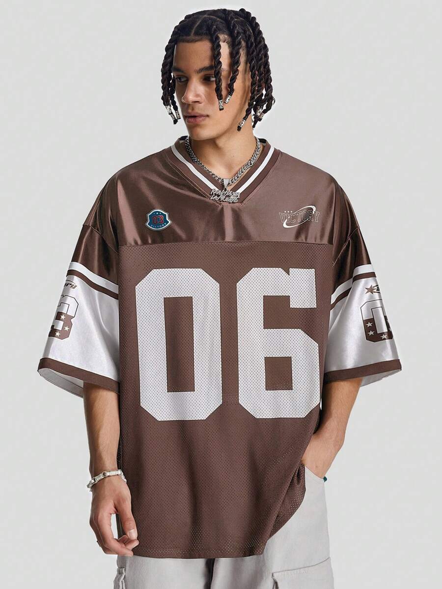 AXEPEAK 男士蚂蚁印花宽松V领短袖针织T恤，适合夏季、学校、街头风格 - 棕色 - 查看 1