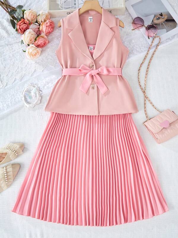 Wildeya Tween-Mädchen Elegantes, einfarbiges, plissiertes Overall-Kleid, 2-teiliges Set