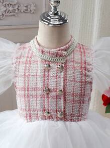 2 件套年轻女孩时尚甜美网眼盖袖格子连衣裙和包包套装，适合派对和外出，夏季新品