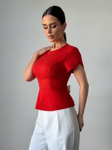 Firerie Women's Red Knitted Casual Blouse With Short Sleeves, Round Neck, And Pearl Button Back Detail - White - View 4