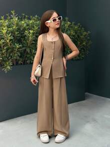 SHEIN Nova Glow Tween Girls Casual Chic Solid Color Square Neck Sleeveless Top And Straight Leg Pants Set Graduation Outfit - Khaki - View 7