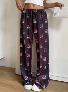 Muchica Women Heart & Letter Print Drawstring Waist Long Pants - Black - View 1