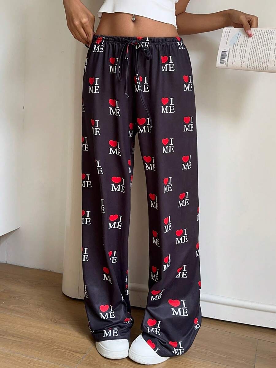 Muchica Women Heart & Letter Print Drawstring Waist Long Pants - Black - View 1