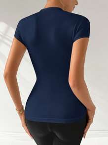 SHEIN Privé 女士优雅浪漫金属装饰交叉肩紧身上衣，时尚适合日常、派对和夏季 - 藏蓝色 - 查看 2