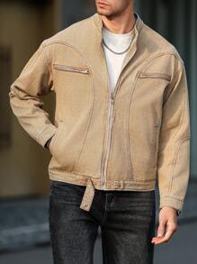 Manfinity LEGND Men's Khaki Denim Jacket With Stand Collar Zipper Details And Wrist-Length Sleeves