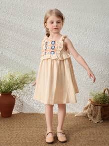Blossori Young Girls Elegant French Style Apricot Floral Lace Trimmed Ruffle Hem Sleeveless Dress, Spring/Summer - Multicolor - View 4