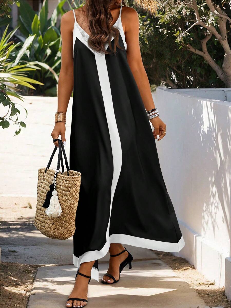SHEIN Clasi 女士双色无袖休闲夏季连衣裙长款女装 - 黑與白 - 查看 1