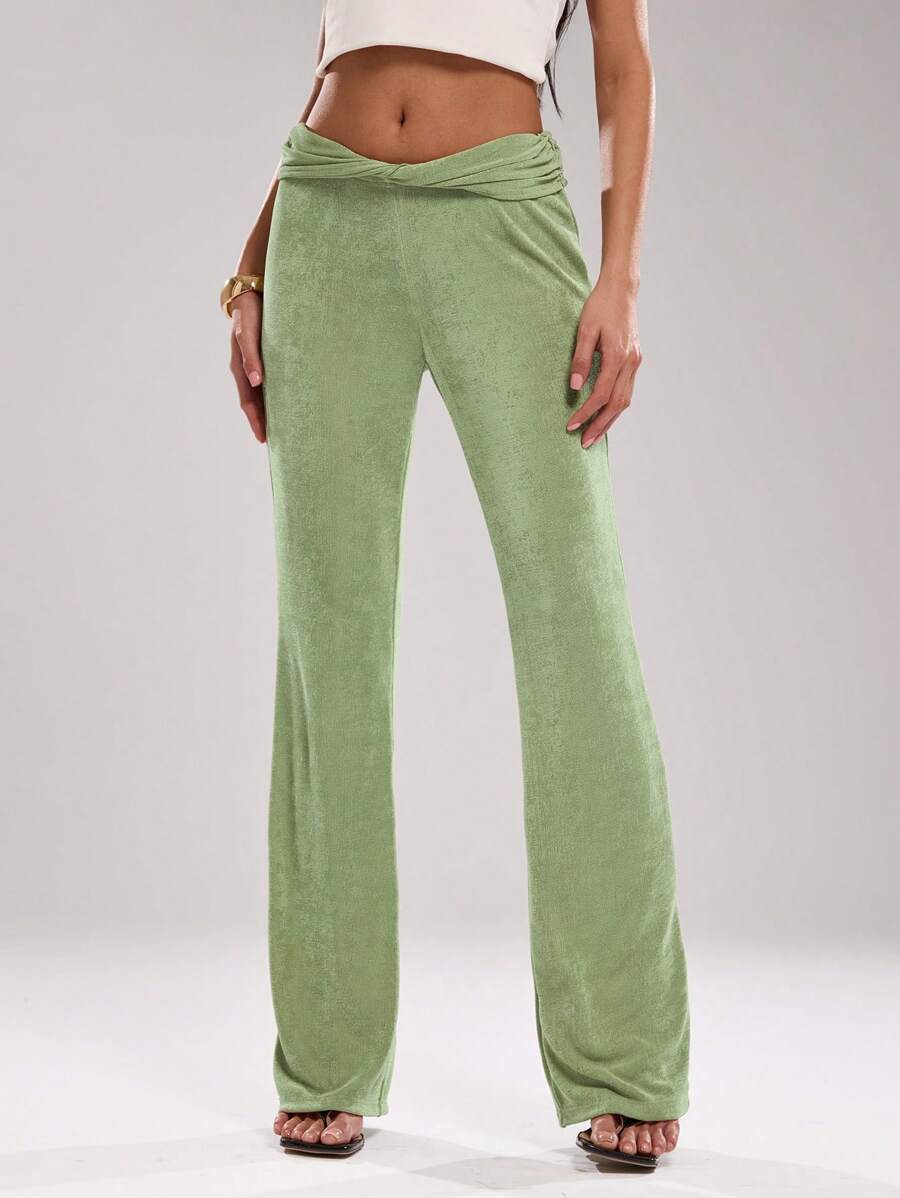 SHEIN BAE Women's Fashion Solid Color Twist Waist Long Pants, Suitable For Commuting - Mint Green - View 1
