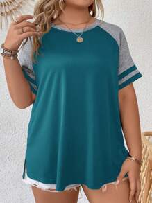 EMERY ROSE Plus Size Short Sleeve Round Neck Simple Fashion T-Shirt, Suitable For Summer - Teal Blue - View 3