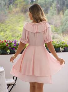 KURAYIA Plus Size Women Off Shoulder Ruffled Tie Neck Puff Sleeve Pink Solid Color Waisted Bohemian Style Spring/Summer Dress - Pink - View 2