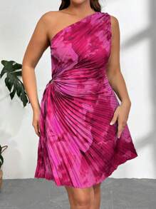Firerie Plus Size Hot Pink Pleated One Shoulder Asymmetrical Neckline Casual Dress