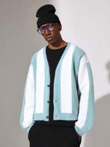 SUMWON Luxury Fuzzy Winter Color Block Knit Cardigan Button Front Soft Cozy Warm Holiday Season Fashion Essential Knitwear Sweater