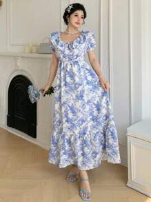 DAZY Women's Floral Print Ruffle Hem Long Sleeve Dress, Blue - Baby Blue - View 3