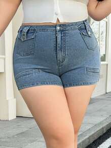 SHEIN EZwear Plus Size Fashionable Washed Slim Fit Denim Shorts For Summer