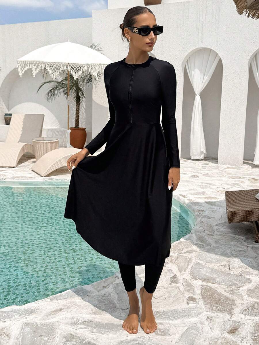 Swim Mulvari 2pcs Women Zip-Up Long Sleeve Burkini Swimsuit Set With Swim Bottoms For Summer Beach Vacation