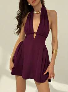 Aloruh Women's Solid Halter Deep V Neck Draped Dress,Rave Outfits Festival