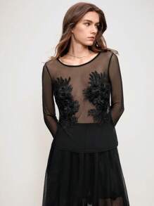 SHEIN LUNE Mesh Solid Floral Embroidered Beaded Crew Neck Elegant Long Sleeve Women's Top, Spring/Summer Fall Cloth For Women - Black - View 5