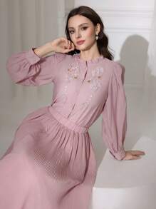 Modelyn 优雅 3D 花卉泡泡袖半透明女式衬衫，春夏 - 粉色 - 查看 6