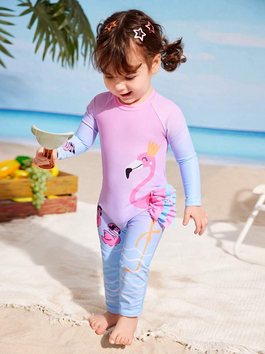 SHEIN 女婴可爱火烈鸟印花长袖连体衣 - 彩色 - 查看 1