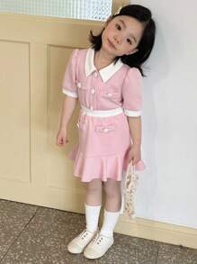 DAZY 年轻女孩优雅拼色泡泡袖衬衫和迷你裙两件套，夏季