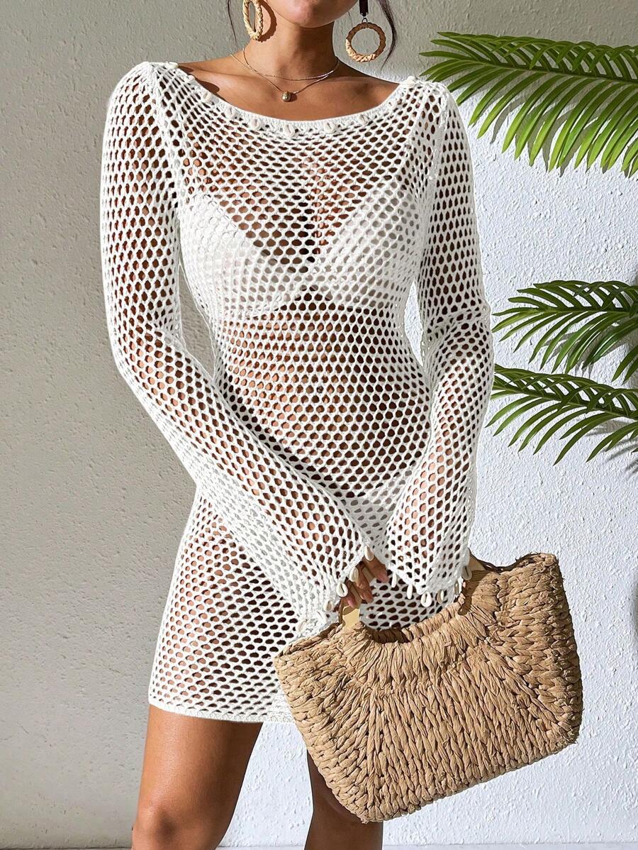 Swim Vcay Women Spring Break Hollow Out Sheer Shell Decor Flare Sleeve Boat Neck Knit Beach Cover Up Dress, Suitable For Spring & Summer Holiday