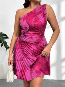 Firerie Plus Size Hot Pink Pleated One Shoulder Asymmetrical Neckline Casual Dress