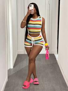 Slaydiva Set de vară nou, stil nou, vacanță la plajă, casual, dungi colorate, scobite din tricot, top halter + pantaloni scurți cu legături, 2 buc., pentru doamne - B în toamnă/iarnă