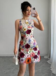 Rafferiza Women's Elegant Floral Fitted Mini Dress, Sleeveless Round Neck