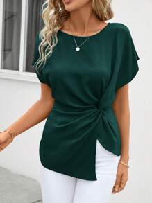 SHEIN Clasi 女式不对称下摆扭纹细节衬衫 - 墨綠色 - 查看 5