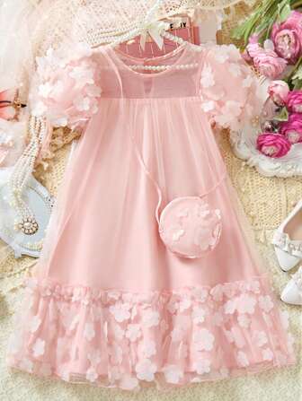 女童休闲花卉印花连衣裙，带小袋，时尚优雅，适合夏季派对和户外穿着