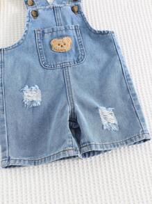 Cozy Pixies Salopette en jean délavé avec poche avant avec motif d'ours de dessin animé pour bébé garçon