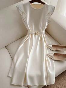 SHEIN Clasi Women's Elegant Solid Color Ruffle Hem Midi Dress - Apricot - View 4