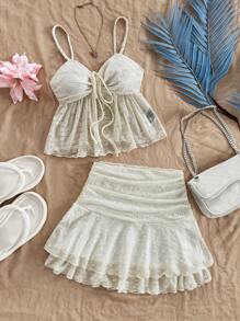 Soleia 2pcs Set: Women's Textured Drawstring Bust & Ruffle Hem Cami Top And Layered Ruffle Mini Skirt, Fitted Slim Silhouette, Vacation, Party, Date, Afternoon Tea, Back To School, Graduation, Beach Outfit Boho - Beige - View 5