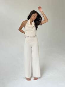 Aloruh Early Spring Elegant Halter Backless Loose Jumpsuit, Straight Leg, Slimming Design - Apricot - View 4