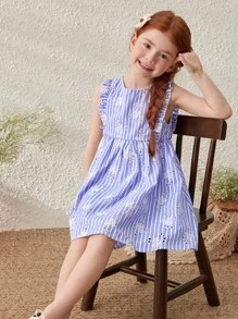 Blossori Robe bleue élégante à broderie florale sans manches pour jeunes filles, printemps/été - Multicolore - Voir 7