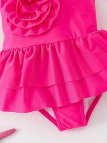 Emery Rose Kids Emery Rose Kids 年轻女孩纯色 3D 花朵连体泳衣 - 玫紅色 - 查看 5