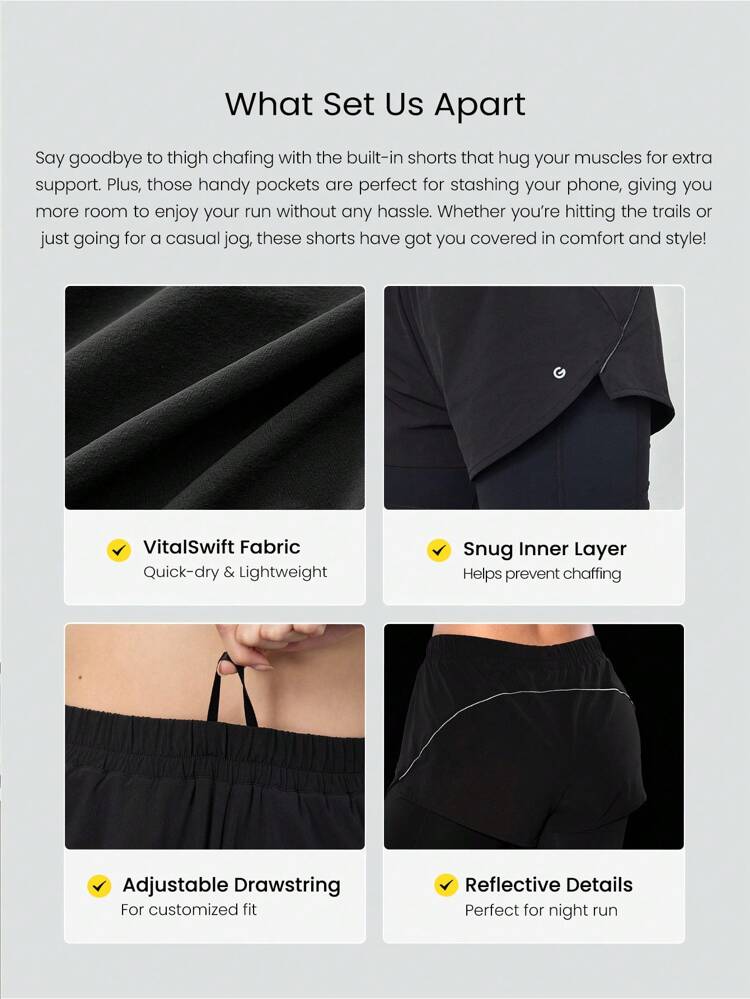 5.5" VitalSwift Quick-Dry Finish Line 2-In-1 Adjustable Drawstring Waist Reflective Running Shorts With Built-In Shorts Side Pockets Non-Slip Grips Medium Impact Running Jogging Training Gym Workout