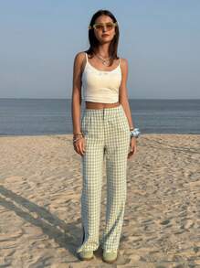 Jouncy 女士休闲高开叉双色格子长裤，简约风格适合夏季 - 綠色 - 查看 5