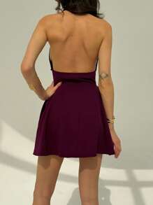 Aloruh Women's Solid Halter Deep V Neck Draped Dress,Rave Outfits Festival