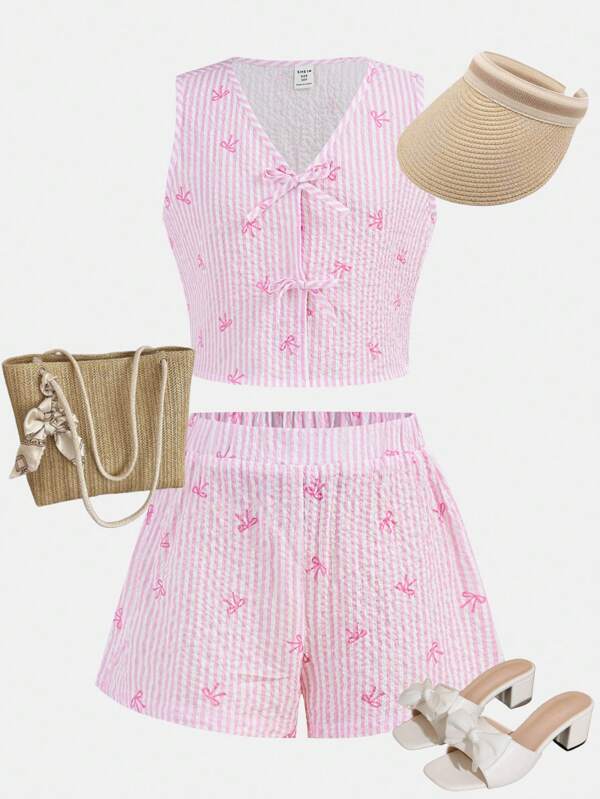 Girlism Conjunto de top camisola a rayas y shorts holgados de talle alto para niñas preadolescentes, ideal para vacaciones, playa o uso casual