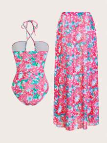 Swim Oasis 1pc Women's Swimsuit With Watercolor Ditsy Floral & Hollow-Out Bandage Design, One-Piece With A-Line Skirt Cover-Up, Spring/Summer Resort - Multicolor - View 2