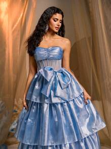 Glamrae 优雅浪漫的浅蓝色手工蝴蝶结多层筒形蛋糕裙，带拖尾，适合约会、单身派对、舞会、酒会、正式场合、晚礼服、婚礼宾客礼服、晚礼服、长袍 - 淺藍色 - 查看 4