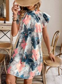 Breezaya 女士时尚花卉印花荷叶边袖连衣裙度假海滩装