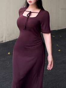Dazy Plus Solid Dark Purple Square Neck Tie Waist Dress