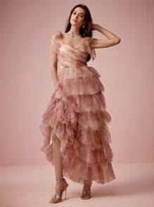 Enchnt Spring/Summer Romantic Women's Soft Pink Bowknot Multi-Tiered Ruffle Princess Maxi Cake Dress,Sweet&Elegant For Birthday&Holiday Party&Wedding Season&Sweet Date &Prom&Garden Parties&Vacation