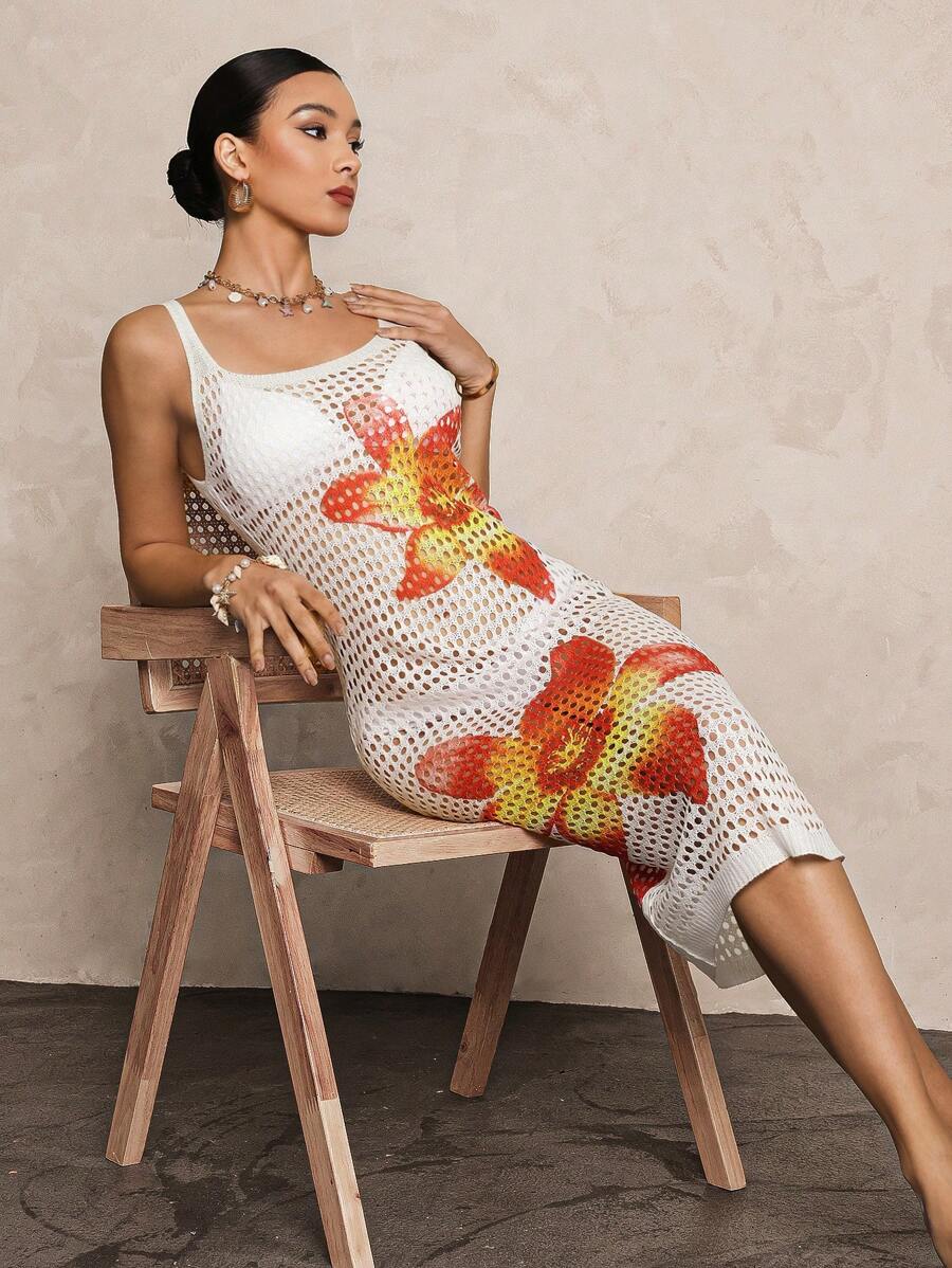 SHEIN Swim Women Elegant Resort Style Lily Flower Knitted Cover Up Dress, Wedding Season, Summer Beach Vacation - White - View 1